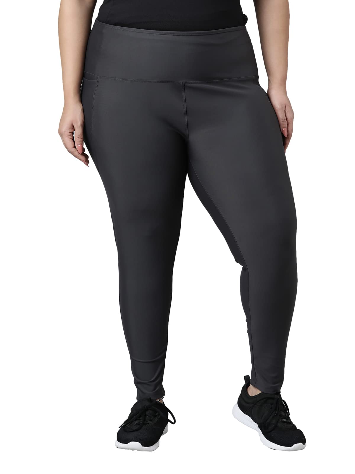 Women Solid Black Nylon Fitness Tights-image-2