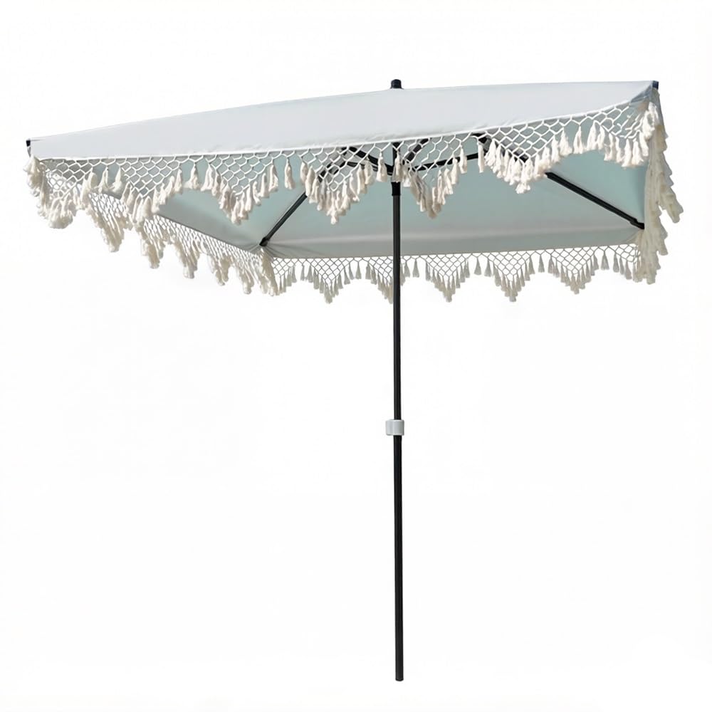 LARAKVEAKV Bohemian Umbrella Macrame Fringe Patio Umbrella, 6.5ft Rectangle Umbrella Outdoor Balcony Parasol With Tassels, For Deck, Pool, Outdoor Entertaining(Triangle Tassel)