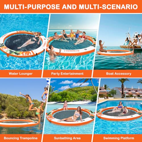 Image of Inflatable Water Hammock Floating Dock 8 FT with Mesh, Tanning Pool Raft Round Ring for Adults, Float Platform for Lake and Beach with Water Ladder and Cup Holder
