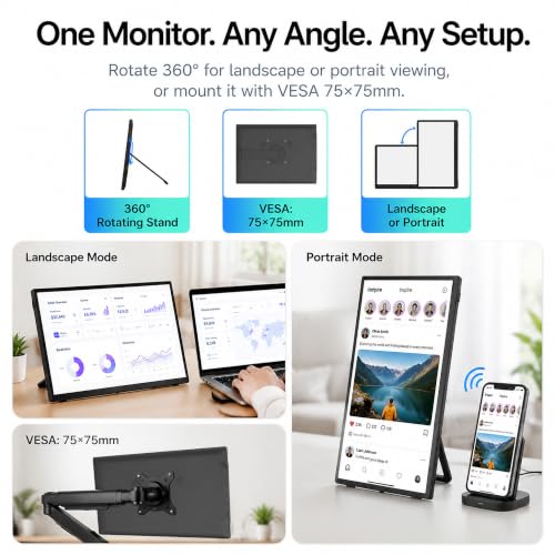 Image of Wireless Portable Monitor 15.6 inch, 8000mAh Battery, 1080P FHD IPS | 4H Runtime, 360 Rotating Stand, AirPlay & Miracast, USB-C & HDMI, VESA, Carry Bag, Wired /Wireless for MacBook, Laptop, Phone