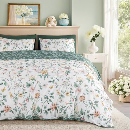 Shilucheng 100% Cotton Floral Duvet Cover King Size - 600 Thread Count, Breathable & Cooling Comforter Cover with Zipper Closure,Hotel Bedding Duvet Covers 3 Piece (White & Green)