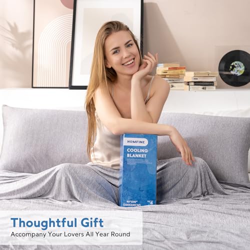 Image of HOMFINE Cooling Blanket for Hot Sleepers Throw, Grey 50 inchx70 inch | Dual-sided mica nylon cool, Q-Max 0.439 instant cool, Lightweight & breathable for night sweats & menopause, Machine washable