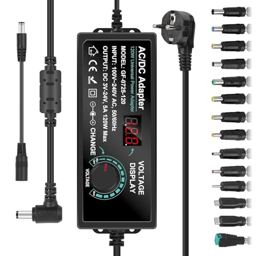 Uniwersalny zasilacz sieciowy 3 V – 24 V 5 A 120 W regulowany adapter AC/DC, regulowany zasilacz sieciowy 100 V-240 V AC na DC konwerter z wyświetlaczem napięcia LED i 14 końcówkami i konwerterem
