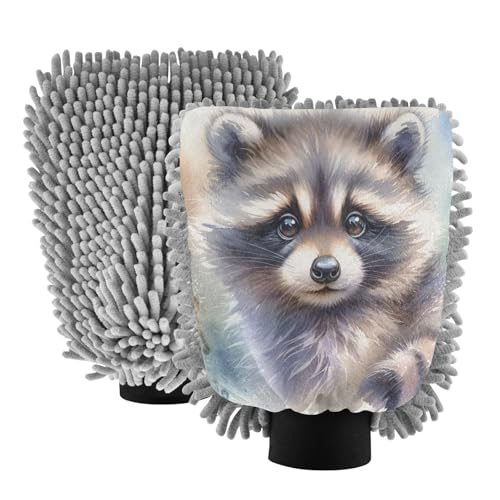 ALAZA Cute Raccoon Watercolor Car Wash Mitt Scratch Free, 2 Pack Absorbent Microfiber/Chenille Washing & Drying Mitts, L