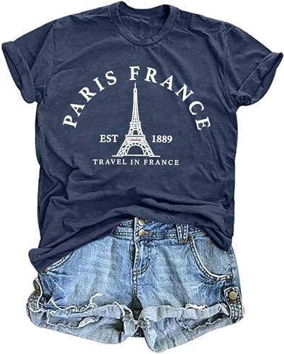 Blusas, Sports VVNTY Paris France - playera para mujer, diseño de la Torre Eiffel, para viajes en Francia, camisetas para día festivo, Azul oscuro, M