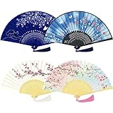 KEZKALS Folding Fan, 4 Pcs Hand Fans for Women Foldable, Silk Paper Fans with Tassel, Hollow Bamboo Chinese Folding Hand Fan, Decorative Hand Held Fan for Wedding Gifts, Dance Party, Wall Decoration