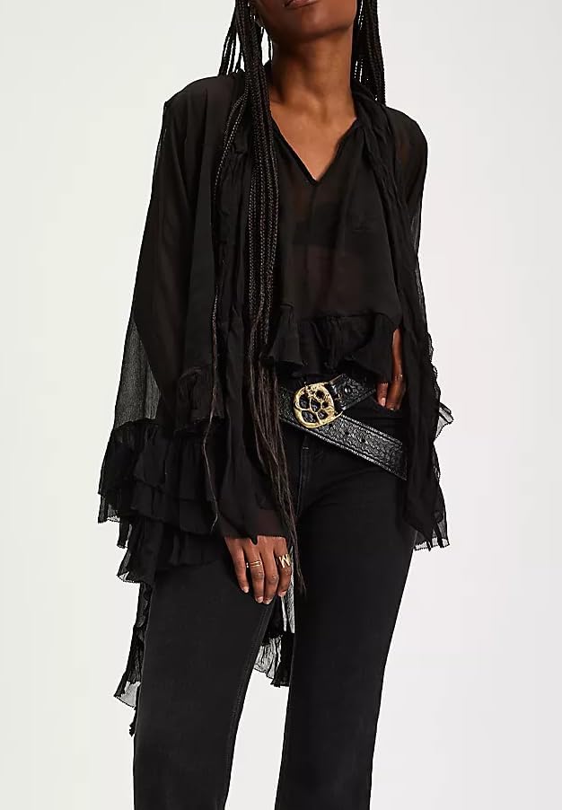 Seyumixi Women Long Bell Sleeve Frill Top See Through Sheer Mesh Blouse High Low Hem Ruffled Sexy Flowy Tops Shawl Shirt - Image 3