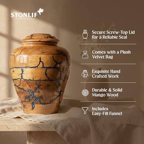 Image of Large Wooden Cremation Urns for Human Ashes - 200 Cubic Inches Funeral Memorial Urn for Adult Women & Men - Blue Decorative, Burial Urn for Male or Female Memorial Display