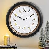 CLXEAST 13.3 Inch Singing Bird Wall Clock with Original 12 Native Recordings Sounds,Auto Night Silence,Gift for Bird Lovers,Oil Rubbed Bronze Black Finish,House Warming Gifts New Home