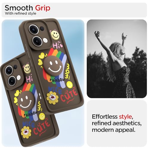 Image of Pikkme Back Cover for Oppo Reno 13 5G | Soft Silicone| Cute Rainbow Smile & 3D Cartoon Flower Design | Shockproof Raised Camera Protection Bumper Case (Brown)