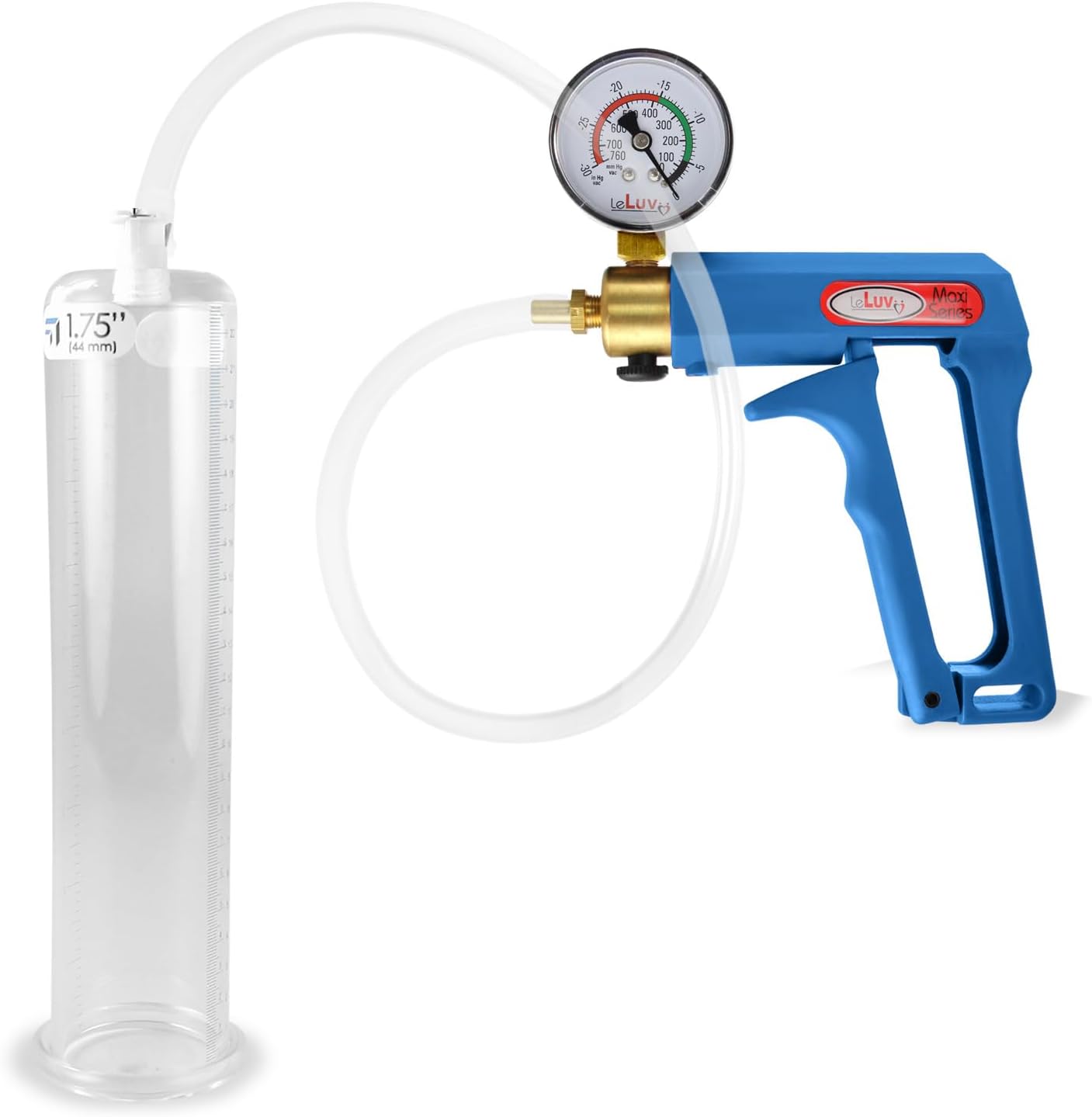LeLuv Penis Pump Maxi Blue Handle with Gauge, Clear Hose - 9 inch Length x 1.75 inch Diameter Cylinder