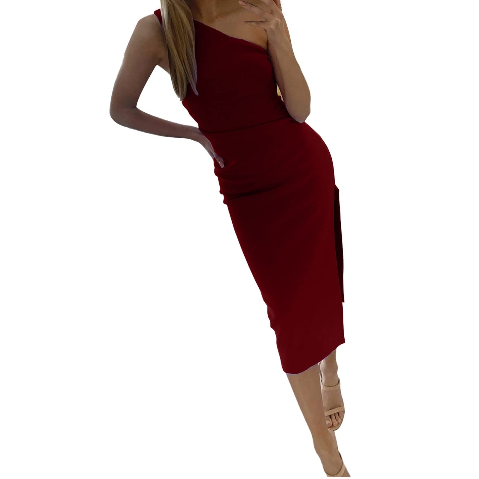 Gonna Abito da Donna Sexy in Tinta Unita con Spacco a Una Spalla Vestito Elegante Corto