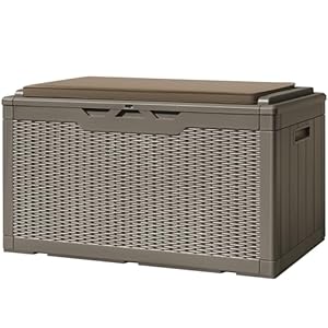 Greesum 100 gallon resin deck box large outdoor storage with cushions for patio furniture garden tools pool supplies weatherproof and uv resistant lockable coffee  urban country home decor