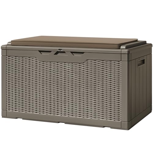 Greesum 100 Gallon Resin Deck Box Large Outdoor Storage with Cushions for Patio Furniture Garden Tools Pool Supplies Weatherproof and UV Resistant Lockable Coffee
