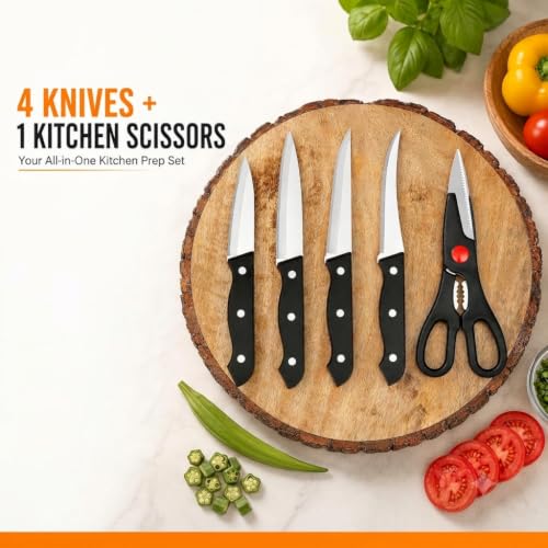 Image of 5-Piece Kitchen Knife Set with Wooden Block - Includes 4 Stainless Steel Kitchen Knives and Multi-Purpose Scissors with Hardwood Storage Stand (4 Knife Set + 1 Scissor + 1 Wooden Case)
