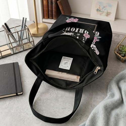 Image of Canvas Tote Bag with Zipper for Women| Inside Pocket | Cotton College Shoulder Bag | Stylish Travel Sling & Handbag for Daily Use | Cotton Canvas Fabric