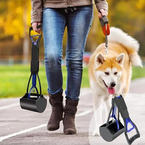 XFLYP Hundekotschaufel, 45cm Faltbarer Haustier Hund Hundekotgreifer Tragbare mit langem Griff, Haustier Schmutz Picker Pick Up für Rasen im Freien Gras und Kies für Hunde und Katzen(Blau)