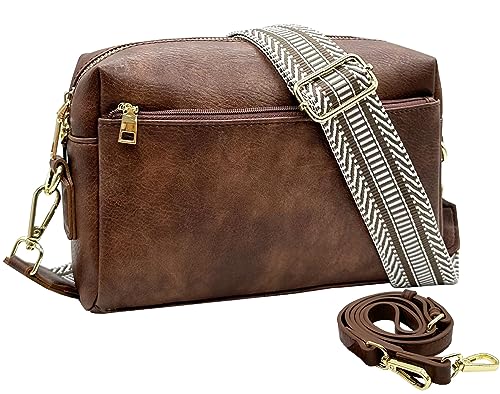 Small Crossbody Bags Purses for Women Triple Zip Vegan Leather Shoulder Handbags with Guitar & Leather Straps
