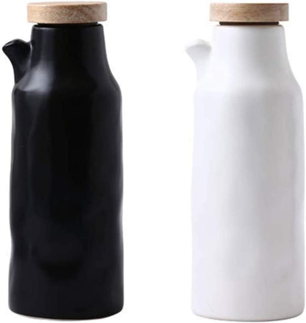 qiuqiu Ceramic Oil Dispenser Bottle, 400ml Oil Bottle Cruets No Drip, Oil Container for Olive, Condiment Container with Lid,Vinegar Bottle Household Soy Sauce Bottle Oil Bottle Set-White+Black