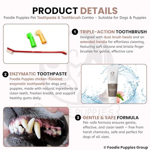 Image of Foodie Puppies Pet Dental Oral Care Combo of Toothbrush and Toothpaste - (3Pcs Toothbrush + Chicken Toothpaste, 100gm) Enriched with Baking Soda Soothes Inflame Gums and 3Pcs Toothbrushes