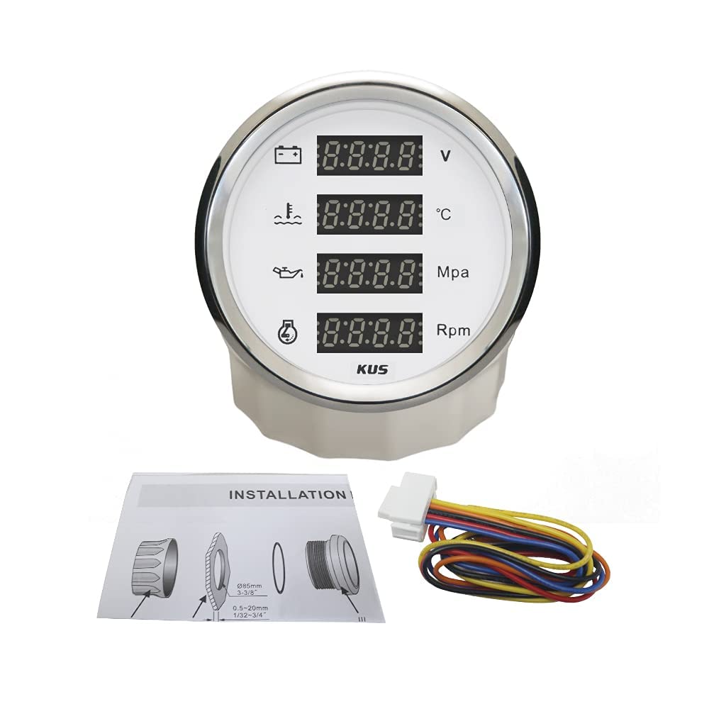 KUS Universal 85 mm digitales 4-in-1-Multifunktionsmessgerät Voltmeter Wassertemperatur Öldruck Drehzahlmesser für Boot Auto Motorrad