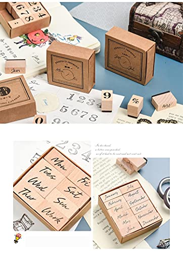 Ebrima 32 Pieces Wooden Rubber Stamp Set Week Months And Number Design Vintage Decorative Stamps For Craft Scrapbook Painting, Diary And Card Making (A) #TOP2