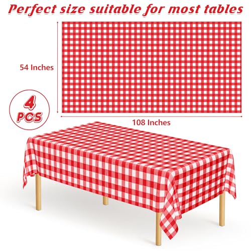 Image of 4Pack Plastic Table Cloth Ddisposable, 54 inch x 108 inch Table Cloth Rectangle Table, Waterproof Red and White Checkered Tablecloth, Outdoor Picnic Table Cover for Birthday Party Gathering Holiday Dinner