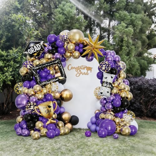 Image of 141Pcs Purple Gold Black Graduation Balloon Garland Arch Kit,with Explosion Star,Diploma,Trophy,Grad Hat,Photo Frame Foil Balloon for Congrats Class of 2026 Graduates Celebration Party Decoration