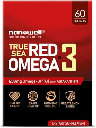 NANOWELL Omega-3 rojo con astaxantina, DHA y EPA - Apoyo inmunológico, aceite de pescado - 60 cápsulas blandas x 1 caja (60 unidades)