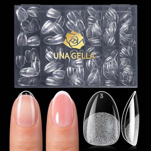 Image of UNA GELLA Extra Short Almond Gel Nail Tips, 216 Pcs Pre-shape XS Almond Nail Tips Full Cover Press On Nails Half Matte Clear Fake Nails For Women Girl DIY Salon At Home 12 Sizes