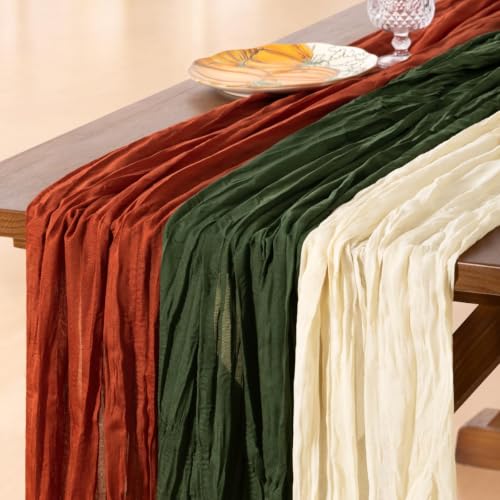 Image of Cheesecloth Table Runner Fall Boho 3pcs Mix and Match Wedding Decor | Terracotta Olive Beige Rustic Gauze 10FT Cheese Cloth Sheer Farmhouse Runner for Wedding Party Holiday Decorations