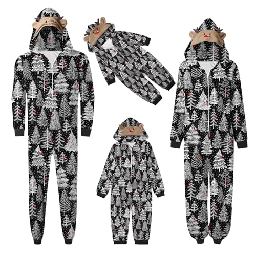 Pijama de Navidad entero conjunto de invierno entero navideño mono con cremallera y capucha pijama Navidad impresión pijama de Navidad pareja para papá mamá hija hijo Navidad regalo, Negro , 0-3