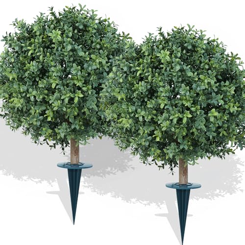 Tnouse 26' Artificial Boxwood Topiary Ball Tree with Ground Spike Set of 2, 2ft Faux Bushes Plant...