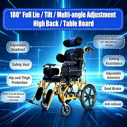 Image of Pediatric Cerebral Palsy Wheelchair - Foldable Adjustable Reclining Wheelchair for Kids,Children's Mobility Wheelchair,Ergonomic Medical Transport Chair for Children with Special Needs (Yellow)