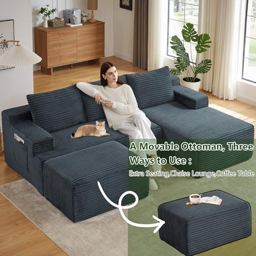 Image of 96.1 inch Modular Sectional Sofa with Ottoman, Modern Corduroy Cloud Couch, Boneless Couch Upholstered 3-Seater U-Shaped Sofa for Living Room, No Assembly (Dark Grey, Right-Facing Chaise)