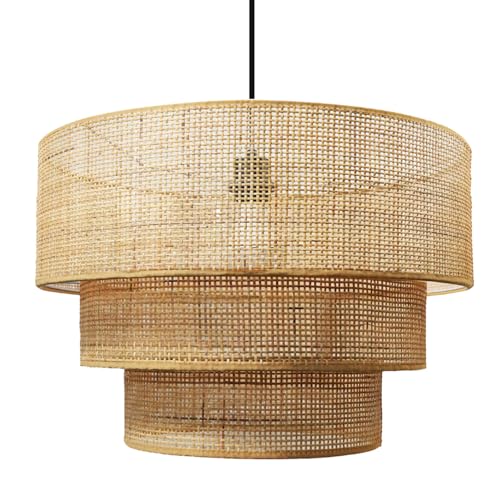 FLAGLT 19.7' Modern Rattan Pendant Light, Natural Woven 3-Tier Cylindrical Chandelier, Boho Ceiling...