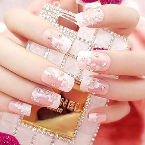 Sethexy 3D Rhinestone False Nails Wedding Flower Full Cover Salon Glitter Art Design Acrylic 24Pcs Fake nails for Women and Girls Cover