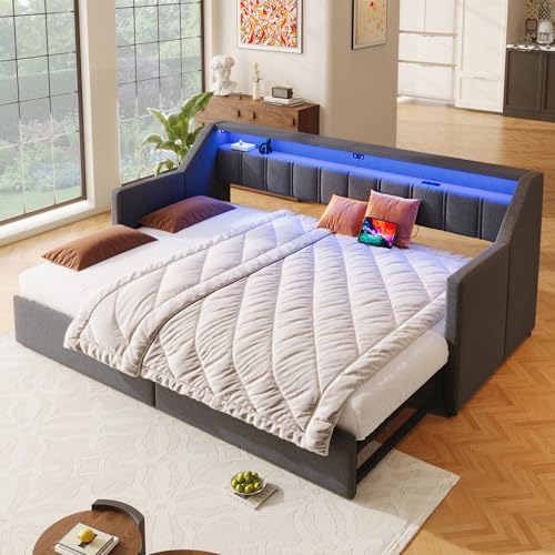 Soweiz Cama de día, sofá cama 90 x 200 cm, cama de día con USB y tipo C, barra LED con mando a distancia, con 2 cajones, bolsillos de almacenamiento, cama nido multifuncional, sin colchón (gris)
