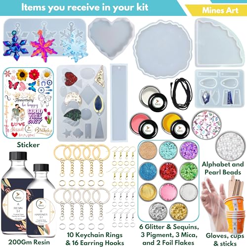 Image of Mines Art Resin Art Kit 115 Pcs Pro DIY Resin Art Kit with Moulds Complete Crafting Kit with 200g Epoxy, 7 Moulds, Glitter, Pigments, Mica, Tools and Accessories for Keychains, Coasters, Earrings, Bookmarks & More - (MRA- 111)