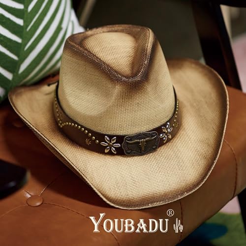 Image of YOUBADU Western Straw Cowboy and Cowgirl Hats with Decorative Bands - Unisex Wide Brim Raffia Style Sun Hat