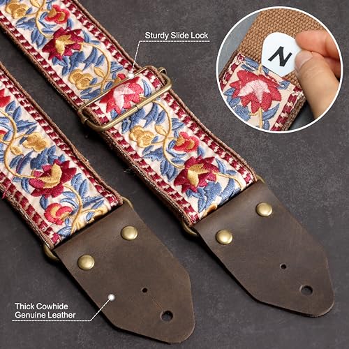 Nefelibata Guitar Strap,Jacquard Embroidery Cotton Guitar Straps with Crazy Horse Leather Ends for Bass Electric & Acoustic - Image 3