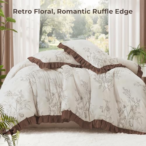 Image of Litanika Beige Brown Twin Comforter Sets, 2 Pieces Coffee Ruffle Floral Farmhouse Bedding Comforter Sets, All Season Soft Lightweight Fluffy Microfiber Bed Set(66x90In Comforter, 1 Pillowcase)