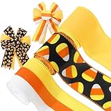 JarThenaAMCS 3 Roll Halloween Wired Edge Ribbon Candy Corn Striped Ribbon Orange Yellow White Fabric Ribbons for Wreath Bow Making DIY Crafts Wrapping, 18 Yard
