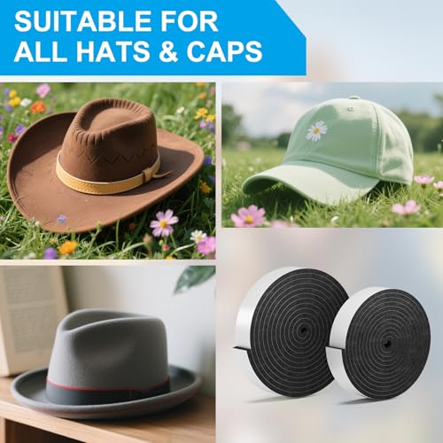 Image of 2 Pack Hat Size Reducer Tape Roll 80 inch, Hat Inserts to Make Fit Comfort, Fitted Sizer Reducer Insert for Loose Baseball Fedora Cowboy Western Panama & Straw Hats, Self Adhesive Foam Tape, Black