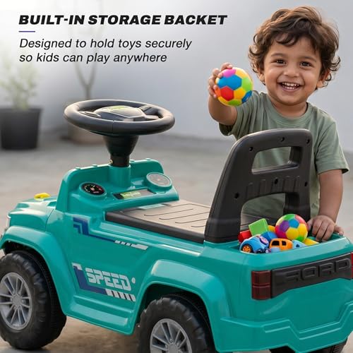 Image of Baybee Speedy Baby Ride on Car for Kids | Portable Kids Car with LED Lights, Music & Storage Basket | Push Toy Cars with High Backrest | Toddler Rideons Jeep for 1 to 3 Years Boys Girls (Green)