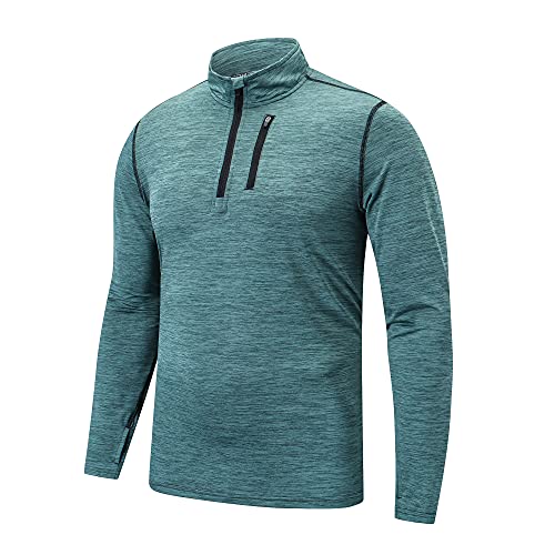 frueo Funktionsshirt Herren Langarm Half Zip Atmungsaktiv Laufshirt,Langarm Sportshirt für Männer Gym Running Trainingsshirt Mit Reißverschlusstasche,1606,Green-XL