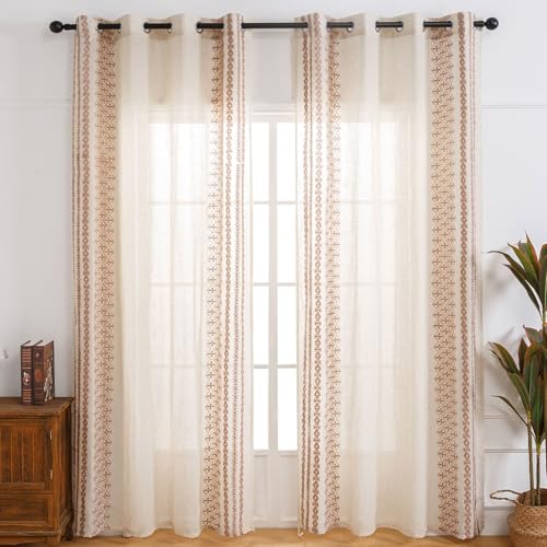 Homxi Cortinas Semitranslucidas Salon Modernas 2 Piezas,2 x 140W x 100H CM,Cortinas Cocina Patrón de Geométrico Beige Cortina Salon Ojales