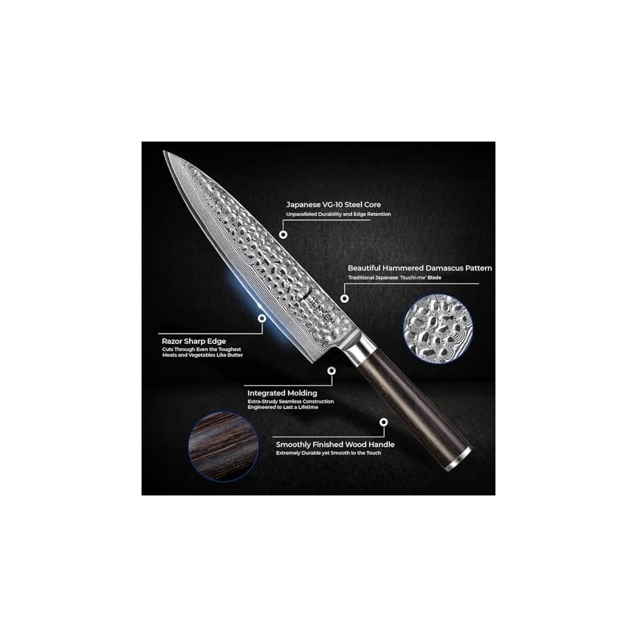 SENKEN-5-Piece-Hammered-Damascus-Knife-Set-with-Japanese-VG10-Steel-Core-Ronin-Collection-Smoothly-Finished-Wood-Handle-Chefs-Knife-Santoku-Knife-Cleaver-Knife-Utility-Knife-Paring-Knife SENKEN 5-Piece Hammered Damascus Knife Set with Japanese VG10 Steel Core - Ronin Collection - Smoothly Finished Wood Handle, Chef's Knife, Santoku Knife, Cleaver Knife, Utility Knife, Paring Knife