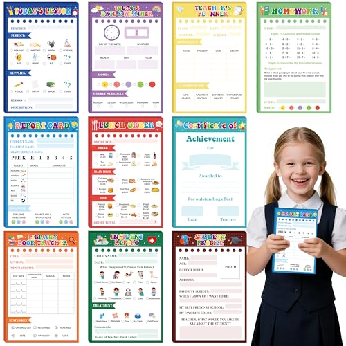 TICIAGA Kids Pretend Play Notepads - 10PCS 4x6 In Playtime Pad Included Todays Lesson Homework Report Card Notepad 30 Page Pretend Notebook Imaginative Role for Toddler Kid Play Game School Teacher