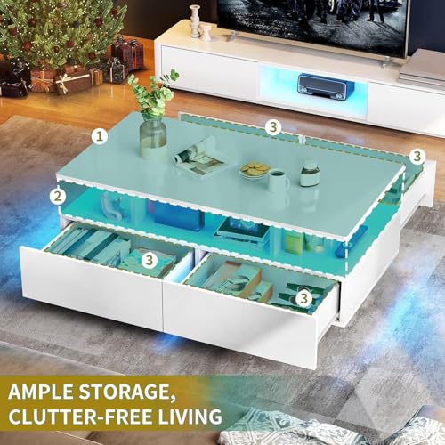 DWVO LED Coffee Table with Storage 4 Drawers, Modern High Glossy Coffee Tables for Living Room, White Rectangle Coffee Table Small Center Table with Open Display Shelf & Sliding Drawers, Glossy White